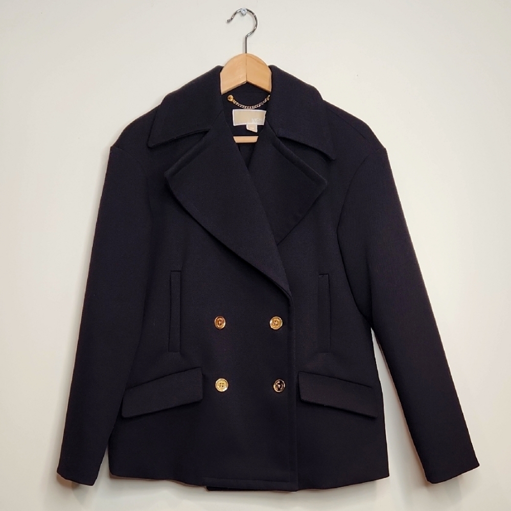 Michael Kors Black Wool Blend Quilted Peacoat Gold Military‎ Buttons size xs